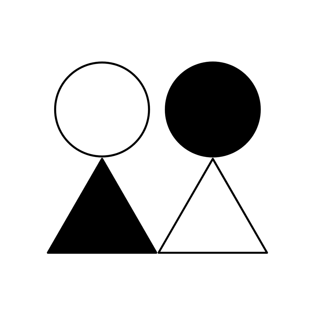 white circle over black triangle next to black circle over white triangle