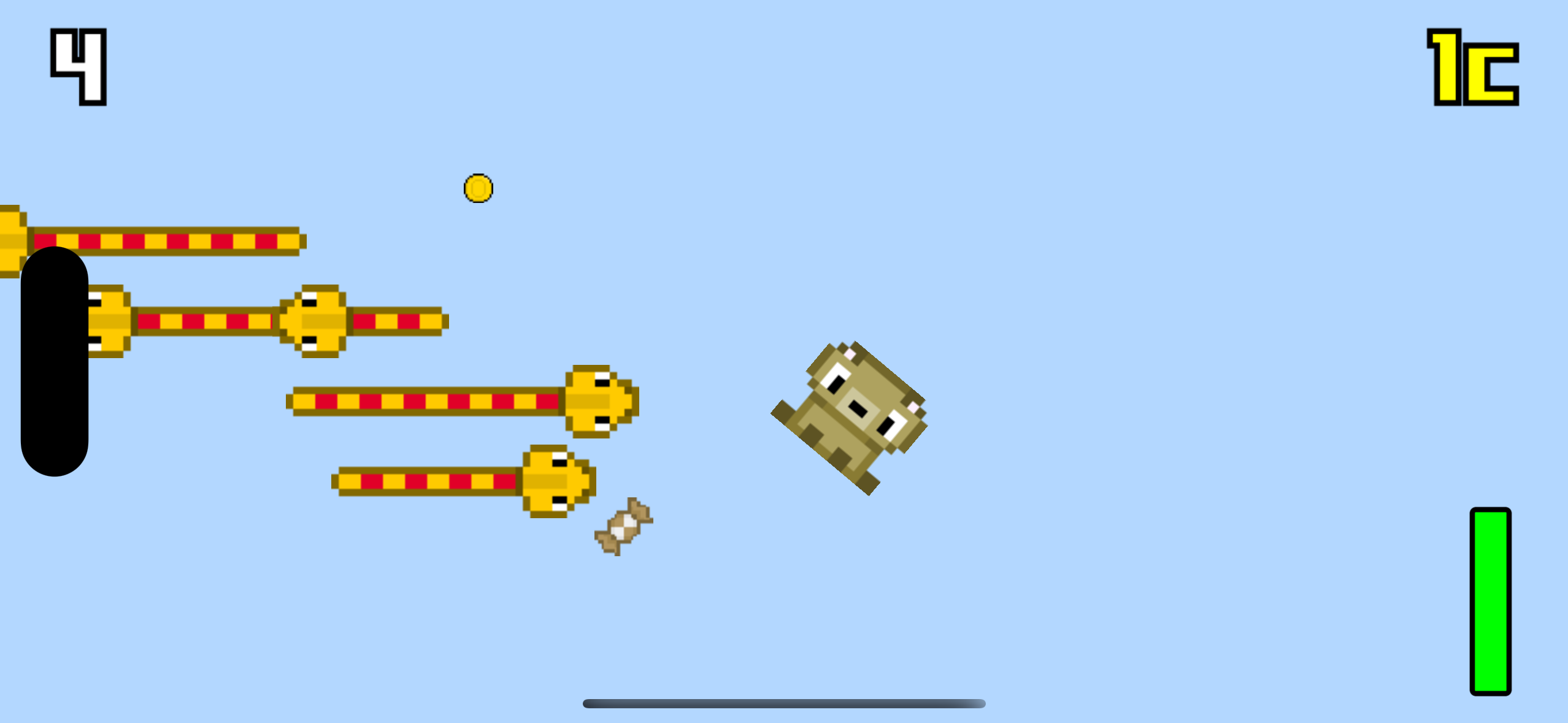 A screenshot from the game Swappy Sides. A bear flies toward a brown candy and near a coin near several snakes.