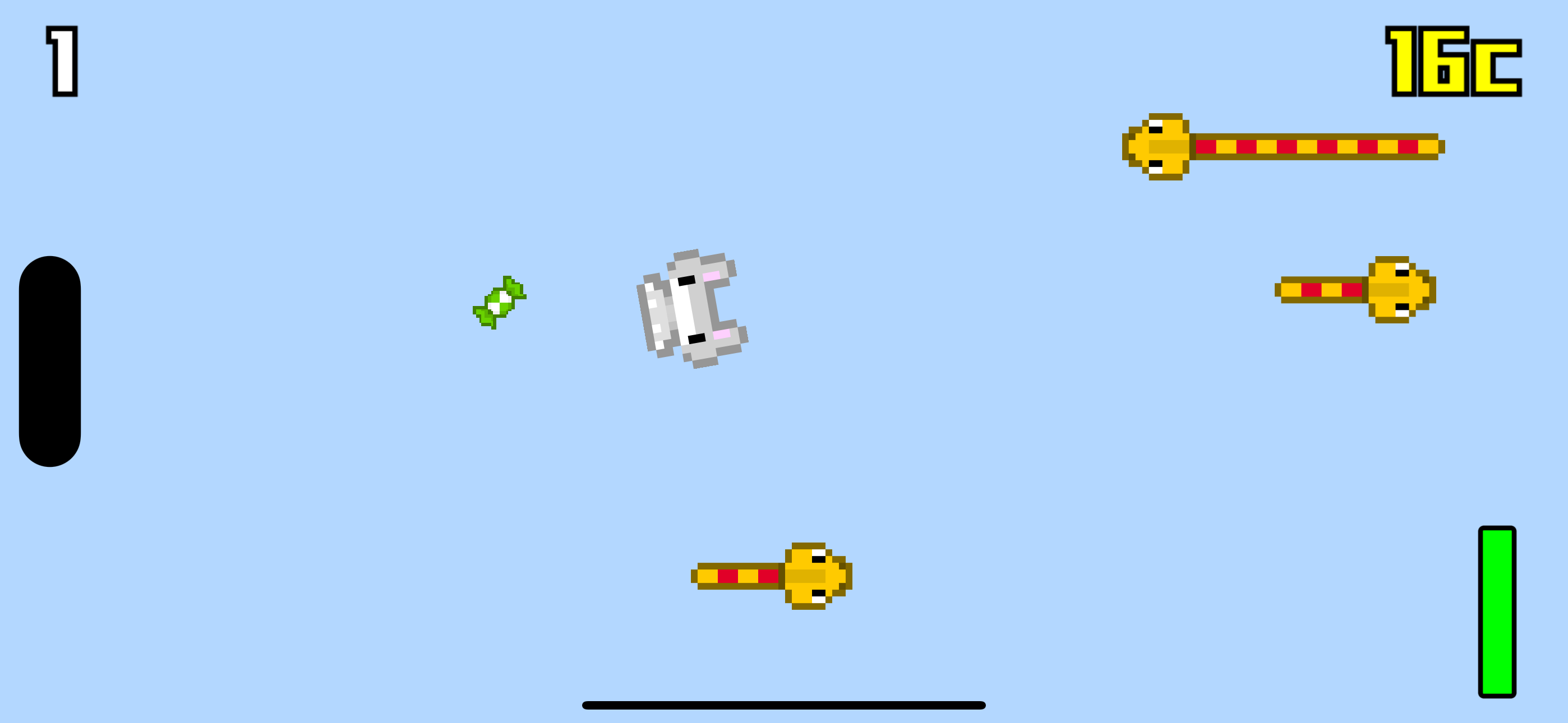 A bunny flies toward a green candy and near a coin near several snakes.